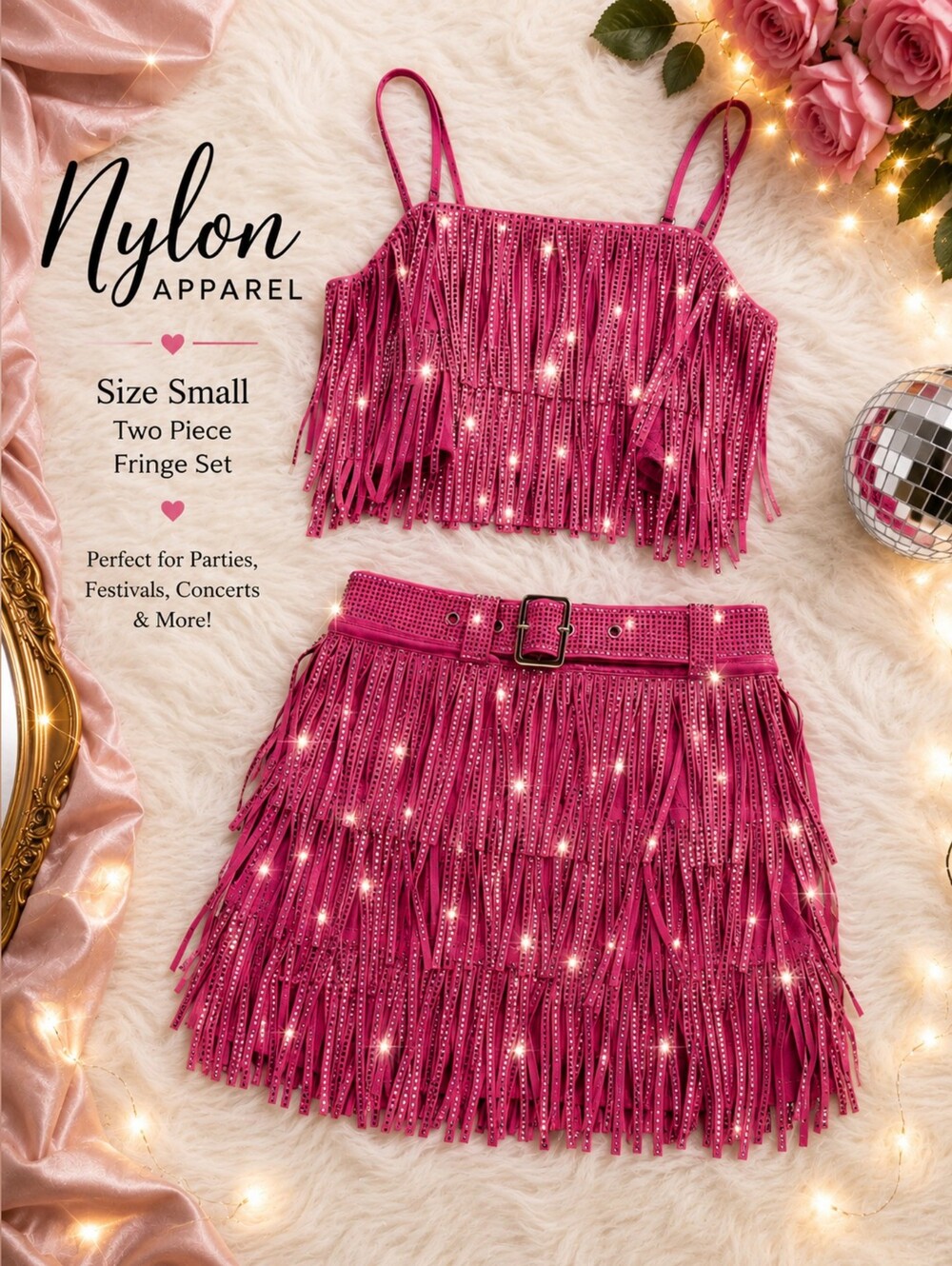 Nylon Apparel Hot Pink Fringe Two-Piece Skirt Set